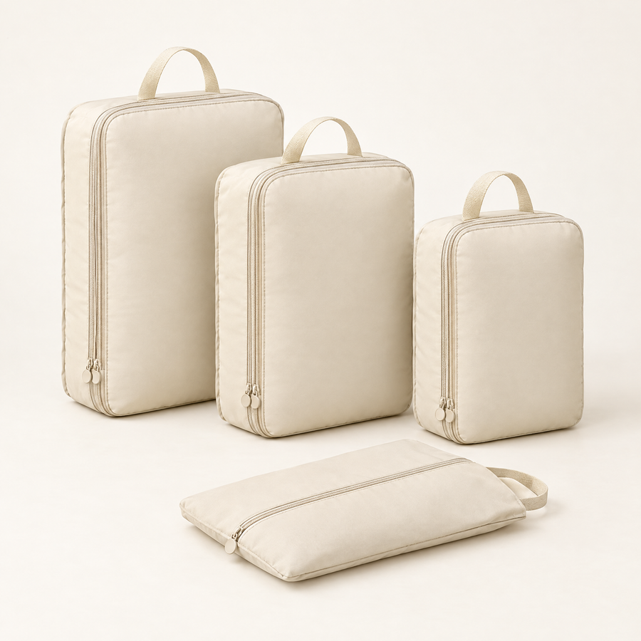 Beige set of three compression packing cubes and a shoe bag