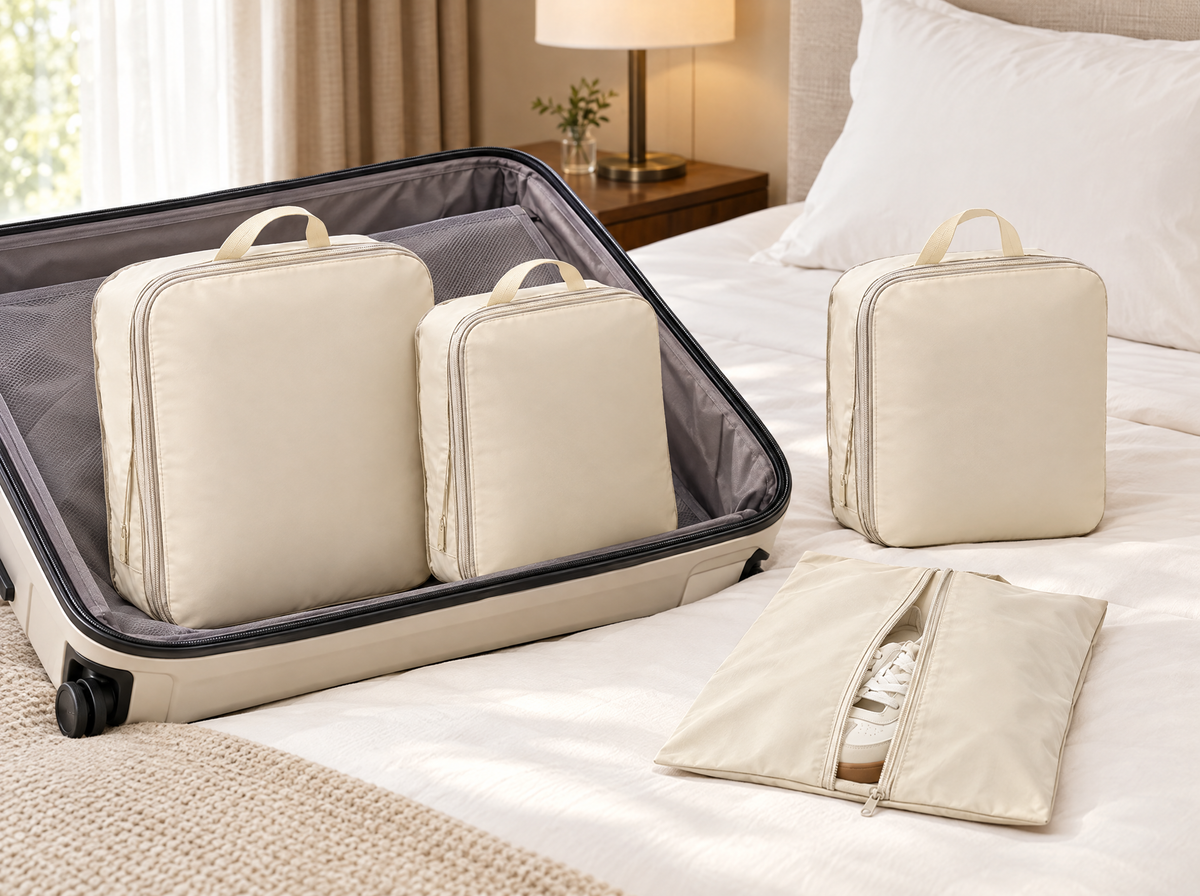 Drei beige Packwürfel und ein Schuhbeutel beim Kofferpacken