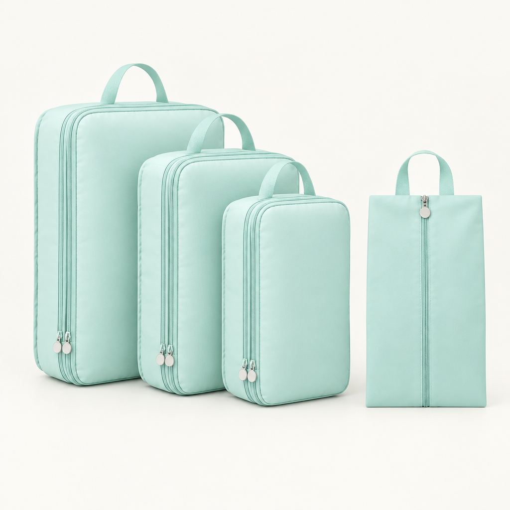 Lot bleu : trois cubes compressibles et un sac à chaussures — illustration générée par IA