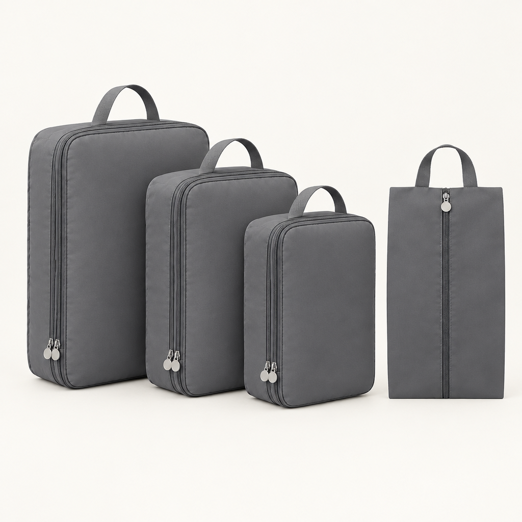 Lot gris : trois cubes compressibles et un sac à chaussures — illustration générée par IA