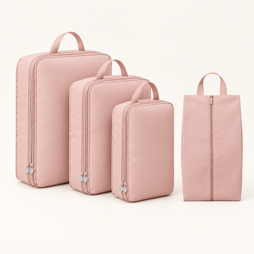 Lot rose : trois cubes compressibles et un sac à chaussures — illustration générée par IA